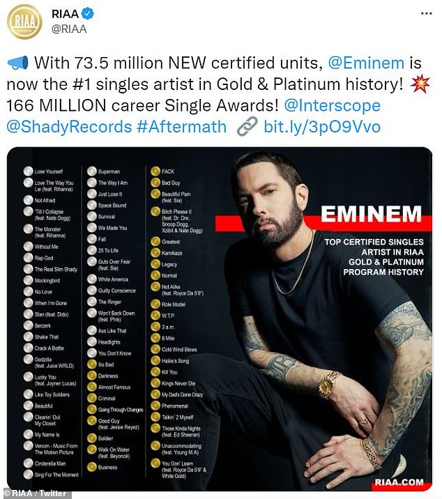 Top bei Singles: Die Recording Industry Association of America (RIAA) kündigt 73,5 Millionen neue Einheiten von Eminem an und setzt ihn damit an die Spitze der Singles-Liste